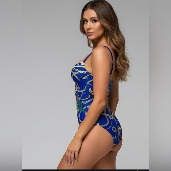 Blue Chain Print Push Up One Piece Swimsuit With Beach Skirt - Picture 6 of 11